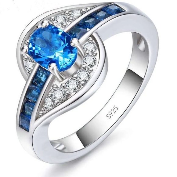 Ladies Blue Sapphire & White Oval Cut Bridal Ring .925 Solid Sterling Silver - Picture 3 of 7